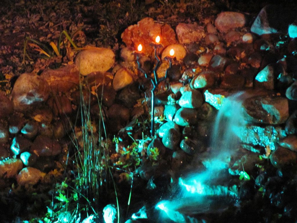 Halloween pond lights with fog